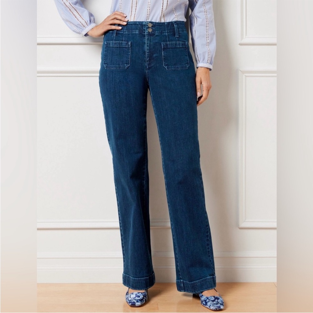 Talbots Wide‎ Leg Denim Trouser Jean Patch Pockets Clara Dark Wash Blue 14